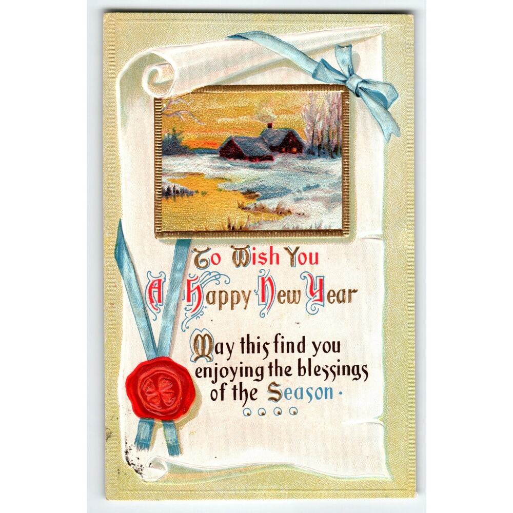 Vintage 1913 Lithograph Happy New Year Postcard Winter Cottage Scene